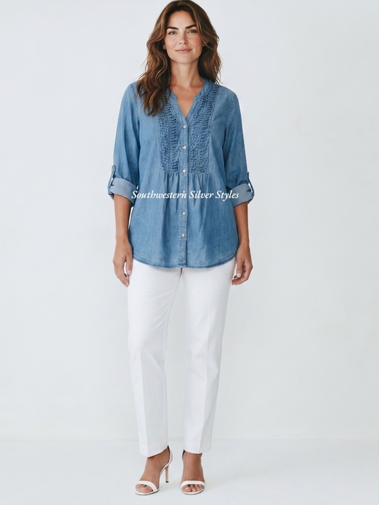 Lane Bryant Tops - Lane Bryant Denim Tunic Shirt Women’s Size 14/16 Roll Tab Sleeves 100% Cotton